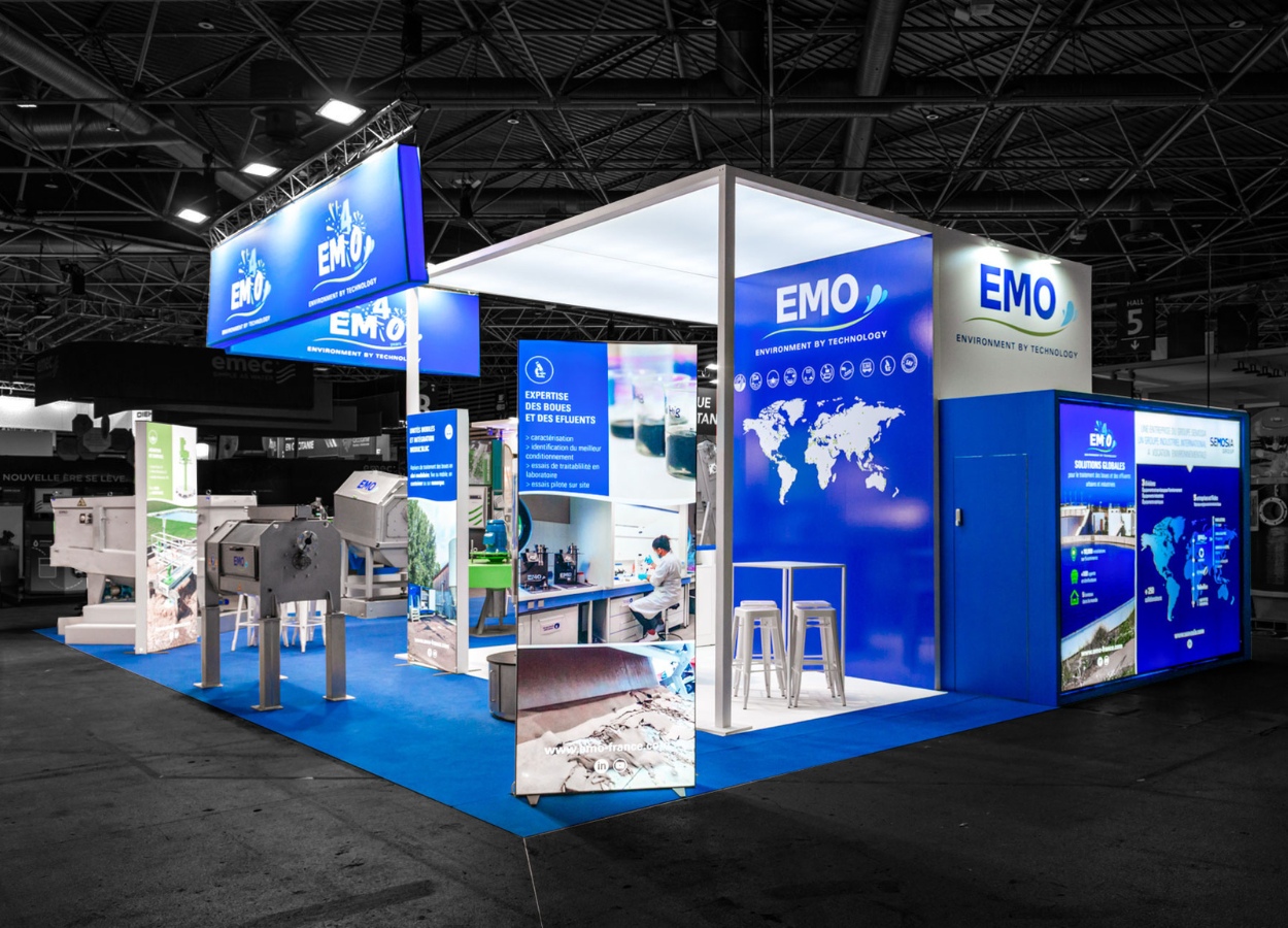 Stand modulaire EMO au salon Pollutec 2025 vue de côté