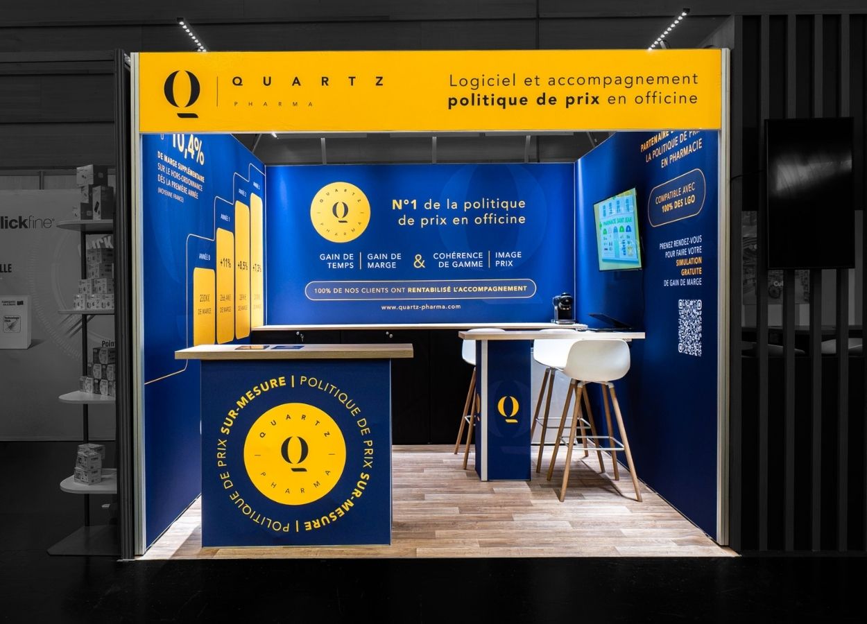 Modular stand 9 m² Quartz Pharma at the Congress of Pharmacists, front view – The Modular Stand